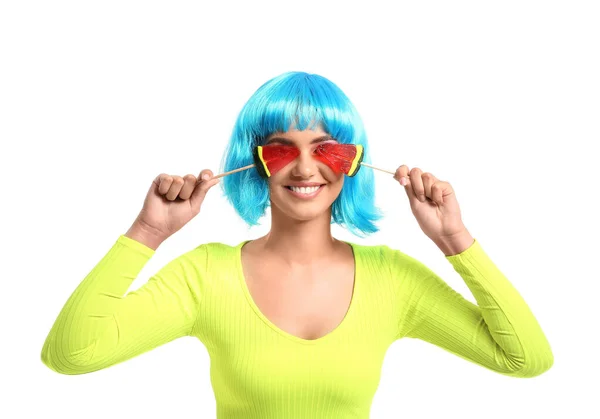 Young Woman Blue Wig Lollipops Shape Watermelon White Background — Stock Photo, Image