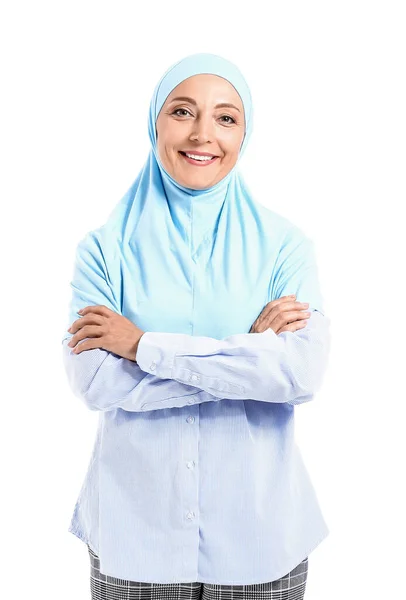 Porträtt Muslimsk Sekreterare Vit Bakgrund — Stockfoto