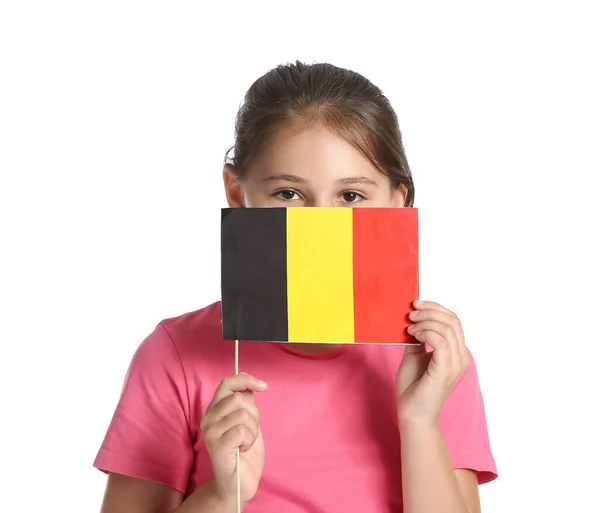 Liten Flicka Med Flagga Belgien Vit Bakgrund — Stockfoto