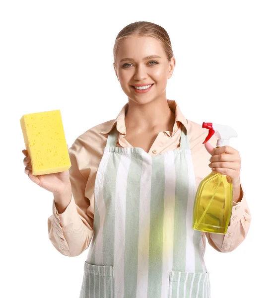 Mujer Joven Con Esponja Detergente Sobre Fondo Blanco —  Fotos de Stock