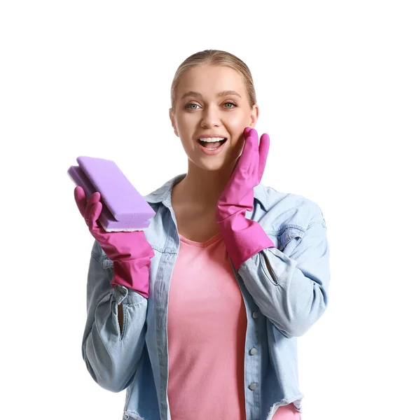 Surprised Young Woman Sponge White Background — Stock Photo, Image