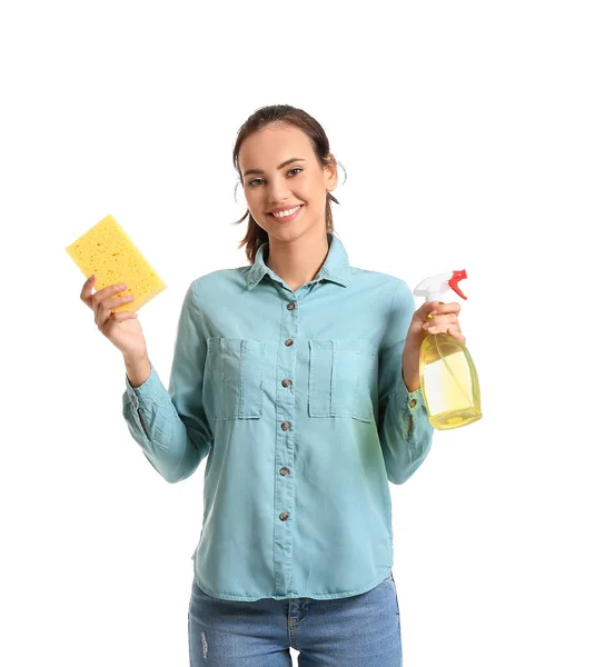 Mujer Joven Con Esponja Detergente Sobre Fondo Blanco — Foto de Stock