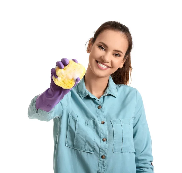 Mujer Joven Con Esponja Sobre Fondo Blanco —  Fotos de Stock