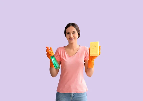 Young Woman Sponge Detergent Color Background — Zdjęcie stockowe