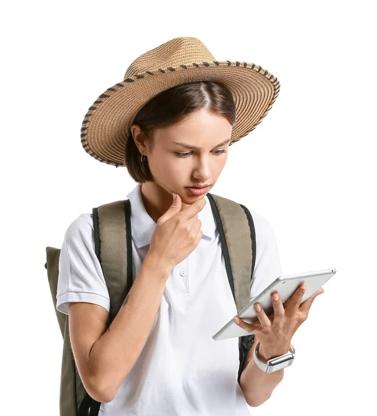 Turista Donna Con Tablet Sfondo Bianco — Foto Stock