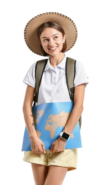 Young Female Tourist Map White Background — Zdjęcie stockowe