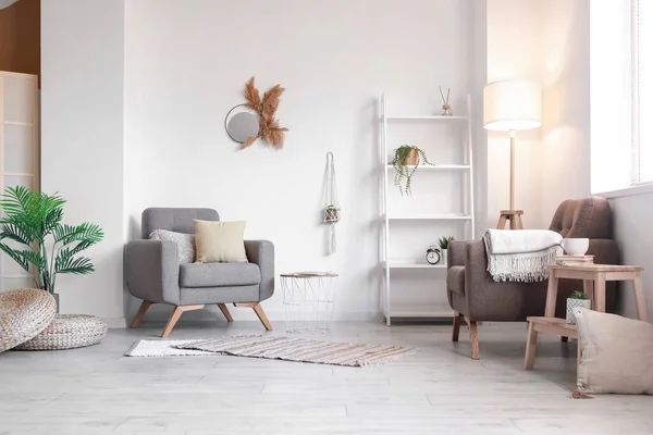 Interior Modern Living Room Comfortable Armchairs Shelving Unit — Stock Photo, Image