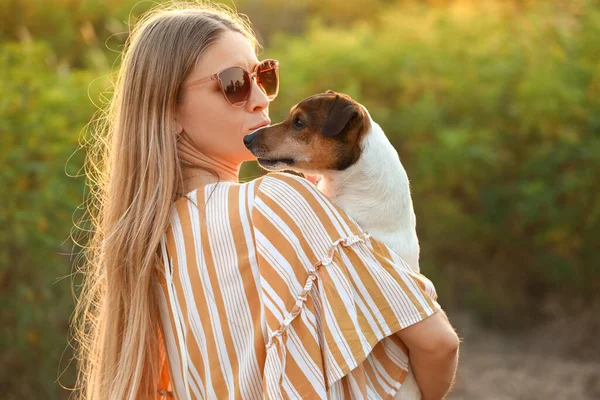 Young Woman Holding Cute Jack Russel Dog Park — Stock Photo, Image