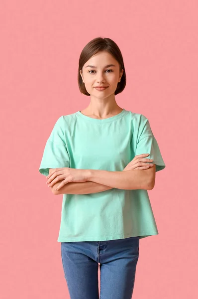 Beautiful Young Woman Stylish Shirt Color Background — Stock Photo, Image