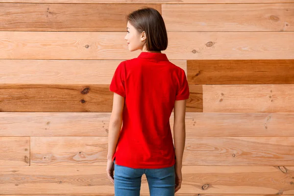 Beautiful Young Woman Stylish Shirt Wooden Background Back View — Stock Photo, Image