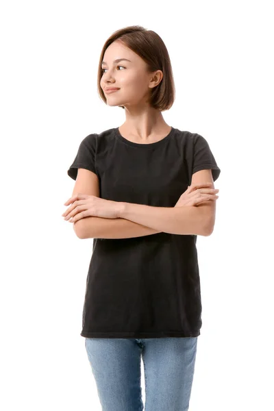 Beautiful Young Woman Stylish Shirt White Background — Stockfoto