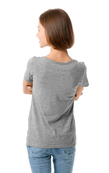 Belle Jeune Femme Shirt Élégant Sur Fond Blanc Vue Arrière — Photo