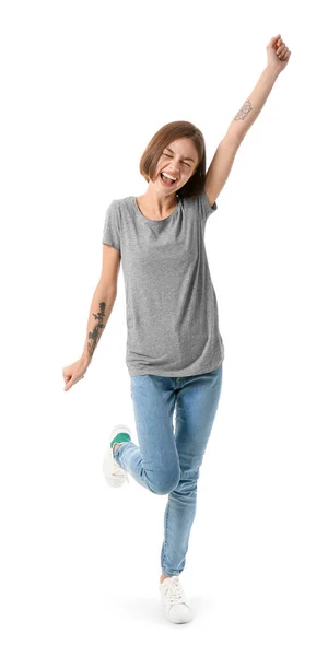 Happy Young Woman Stylish Shirt White Background — Stock Photo, Image