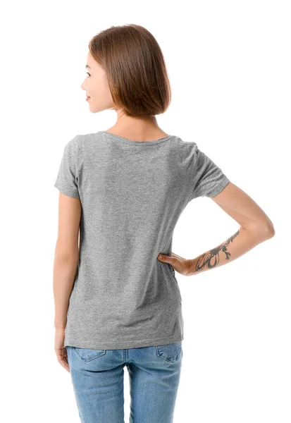 Belle Jeune Femme Shirt Élégant Sur Fond Blanc Vue Arrière — Photo