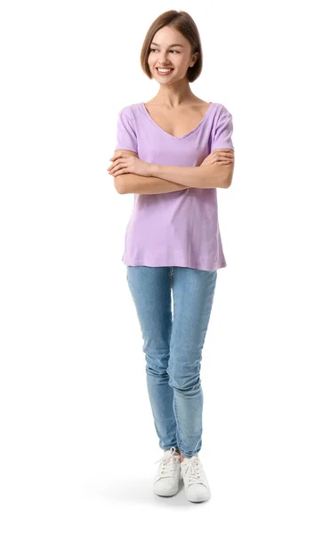 Schöne Junge Frau Stylischem Shirt Auf Weißem Hintergrund — Stockfoto