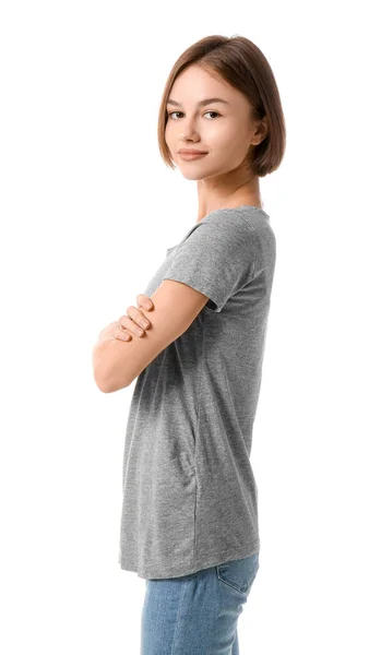 Beautiful Young Woman Stylish Shirt White Background — Stock Photo, Image