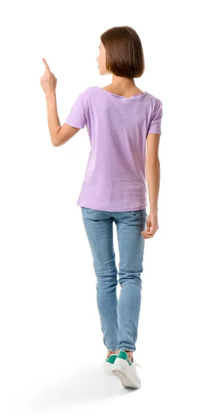 Beautiful Young Woman Stylish Shirt Pointing Something White Background Back — Stock Photo, Image