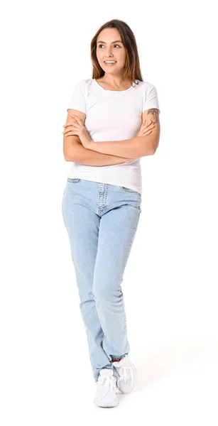 Mujer Joven Camiseta Blanco Sobre Fondo Blanco —  Fotos de Stock