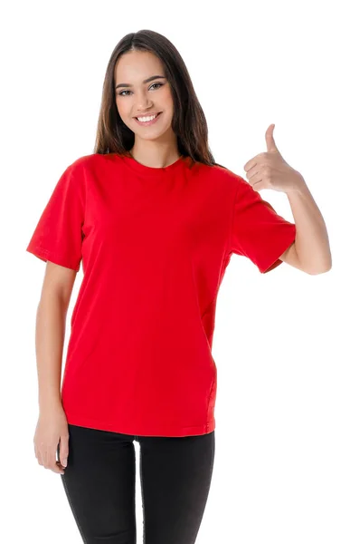 Söt Ung Kvinna Snygg Shirt Visar Tummen Upp Vit Bakgrund — Stockfoto