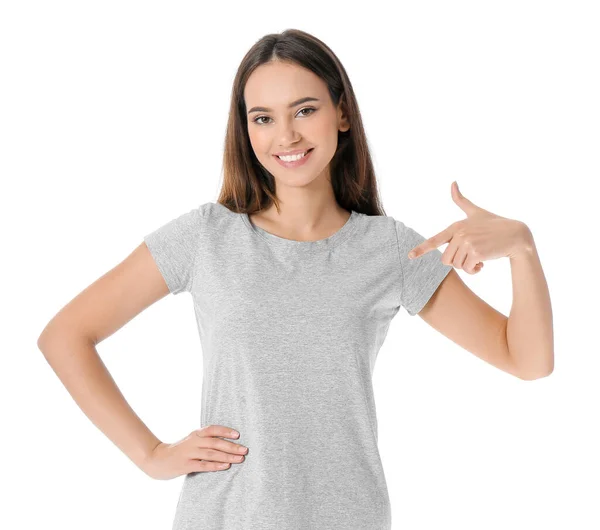 Mulher Muito Jovem Elegante Shirt Fundo Branco — Fotografia de Stock