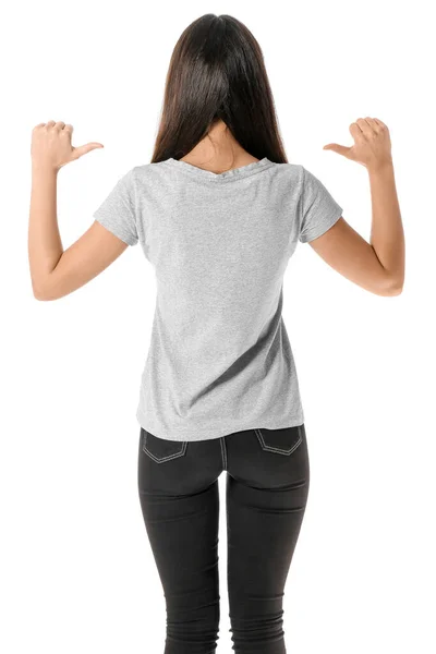 Mooie Jonge Vrouw Stijlvolle Shirt Witte Achtergrond Achteraanzicht — Stockfoto