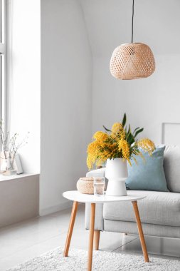 Masada mimoza çiçekleri, oturma odasının iç kısmında da kanepe olan vazo.