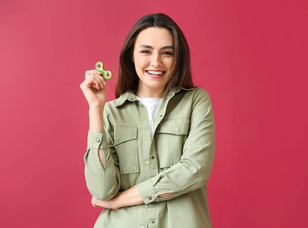 Beautiful Young Woman Spinner Color Background — Stock Photo, Image