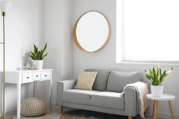 Comfortable Sofa Tables Houseplants Mirror White Wall Living Room Interior — Stock Photo, Image