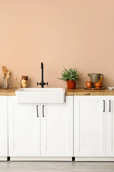 Counters Sink Houseplant Kitchen Utensils Beige Wall — Stock Photo, Image