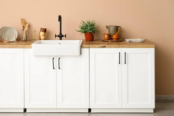 Counters Sink Houseplant Kitchen Utensils Beige Wall — Stock Photo, Image