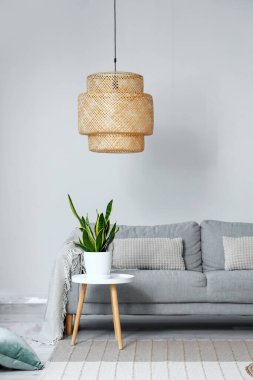 Oturma odasındaki kanepenin yanındaki çiçekli küçük masa.