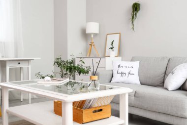 Oturma odasında sazlık dağıtıcı, dergi, kulaklık ve kitap olan sehpa.