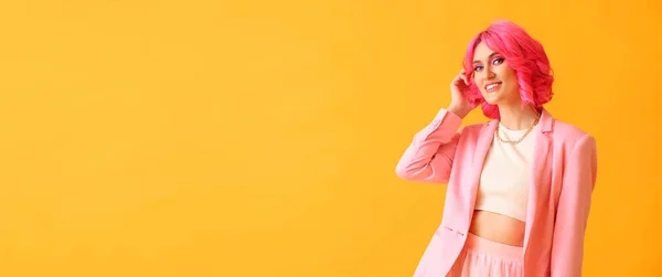 Stylish Woman Bright Pink Hair Yellow Background Space Text — Stock Photo, Image