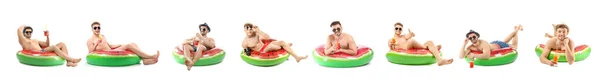 Set Young Men Inflatable Rings Isolated White — ストック写真