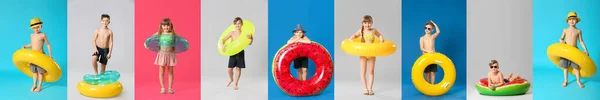 Set Von Kleinen Kindern Mit Aufblasbaren Ringen Auf Farbigem Hintergrund — Stockfoto