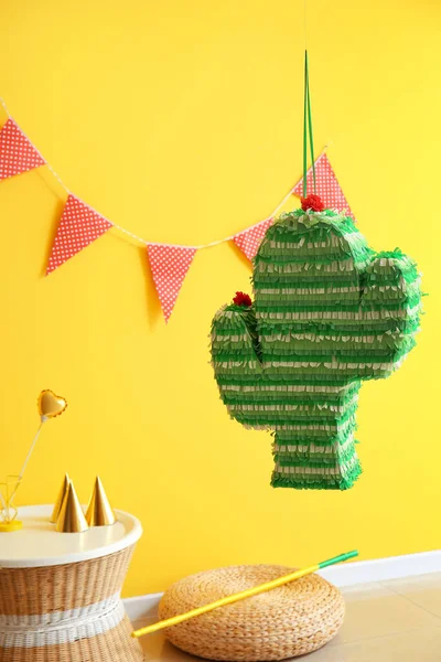 Mexican Pinata Shape Cactus Hanging Yellow Wall — Stock Photo, Image