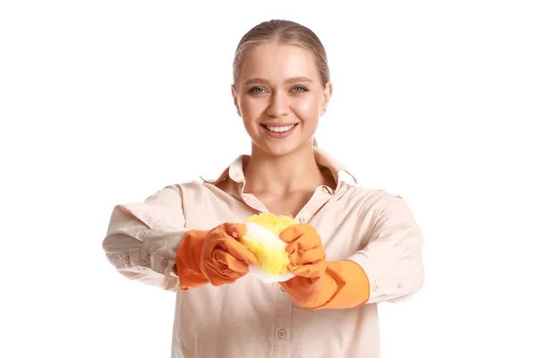 Young Woman Sponge White Background — Stock Photo, Image