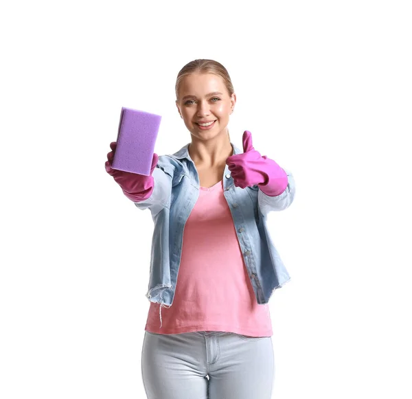 Young Woman Sponge Showing Thumb White Background — Stock Photo, Image