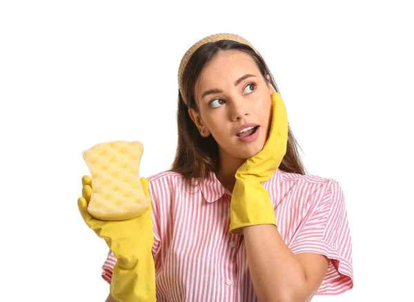 Young Woman Sponge White Background — Stockfoto