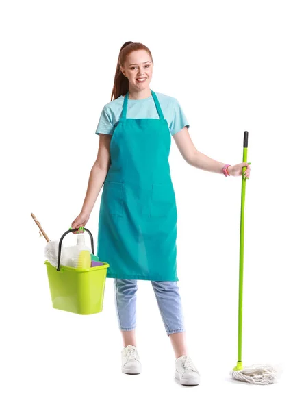 Young Woman Cleaning Supplies White Background — Stock Photo, Image