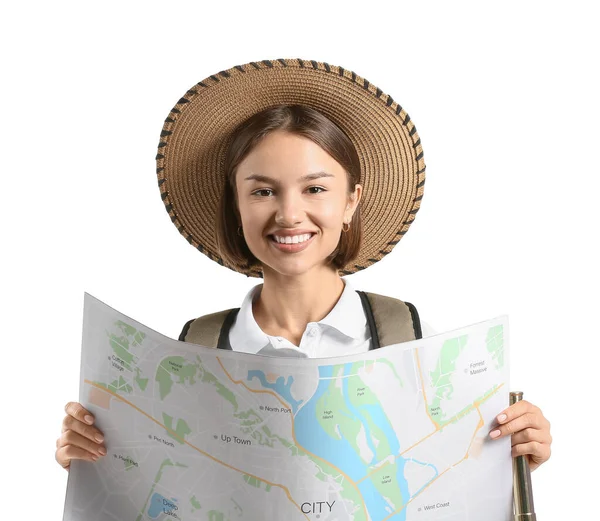 Beyaz Arka Planda Haritası Olan Genç Bir Bayan Turist — Stok fotoğraf