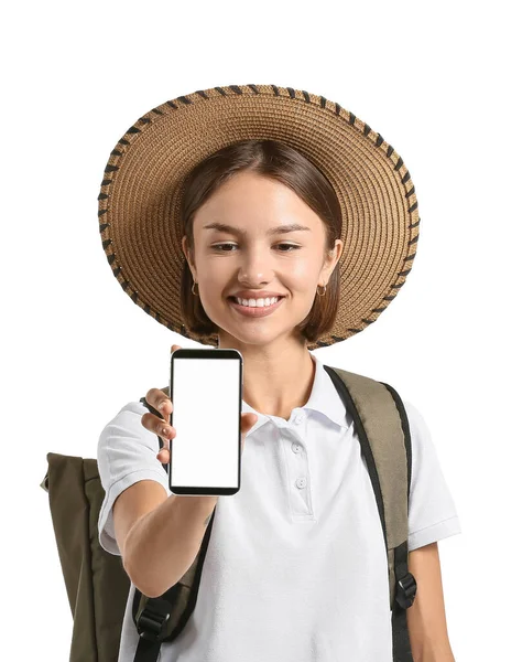 Touristin Mit Handy Auf Weißem Hintergrund — Stockfoto