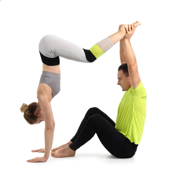 Sporty Couple Practicing Yoga White Background — Stock Photo, Image