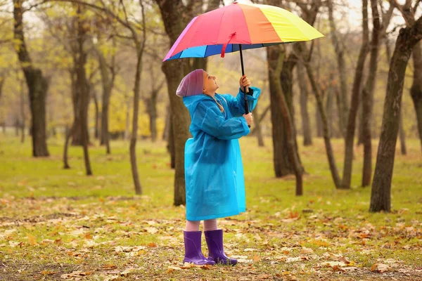 Little Girl Umbrella Walking Autumn Park — Stock Photo, Image