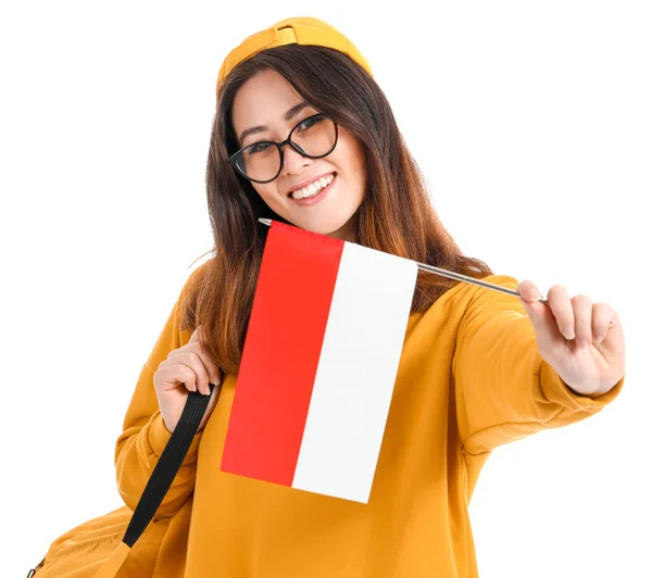 Jovem Mulher Asiática Óculos Com Bandeira Indonésia Fundo Branco — Fotografia de Stock