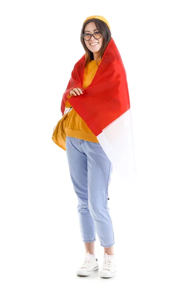 Young Asian Woman Eyeglasses Flag Indonesia White Background — Stock Photo, Image