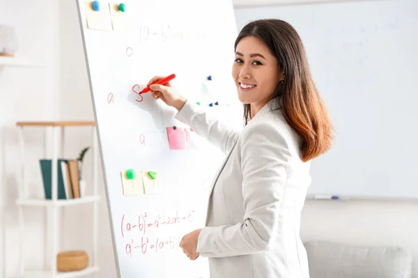 Young Asian Tutor Flipchart Giving Math Lesson Home — Stock Photo, Image