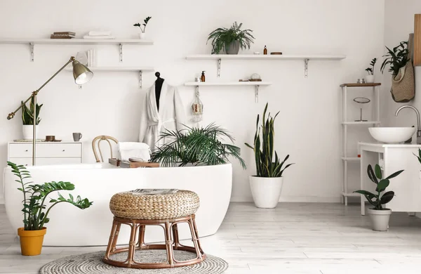 Fényes Fürdőszoba Káddal Próbabábuval Szobanövényekkel — Stock Fotó
