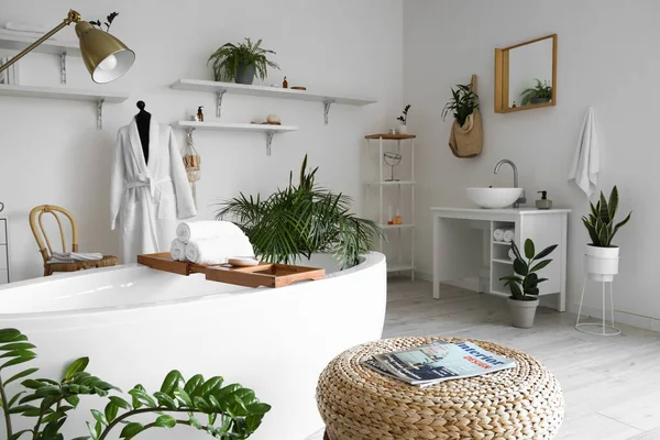 Fényes Fürdőszoba Káddal Próbabábuval Szobanövényekkel — Stock Fotó