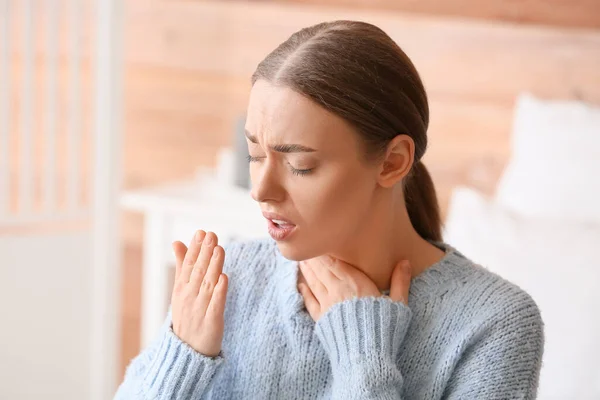 Ill Coughing Young Woman Sore Throat Home — Stock Photo, Image